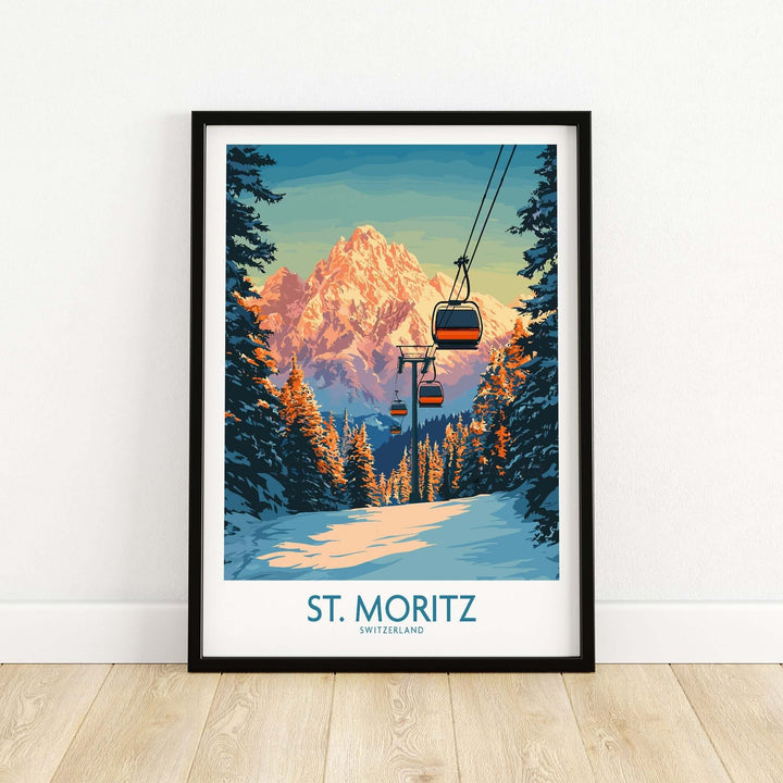 St. Moritz ski print featuring Swiss Alps, vibrant colors, and cable cars, perfect for skiing enthusiasts and home decor.