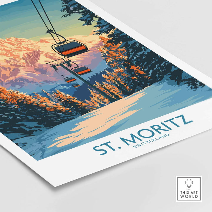 St. Moritz ski print featuring a scenic view of Swiss Alps and ski lifts, perfect for home decor and adventure inspiration.