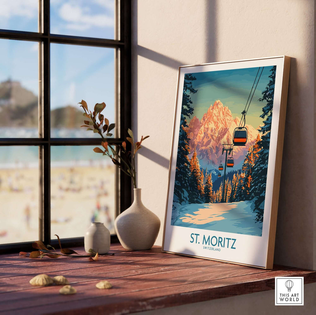 St. Moritz Ski Print showcasing the Swiss Alps, perfect for ski wall art and inspiring adventure in any home decor.