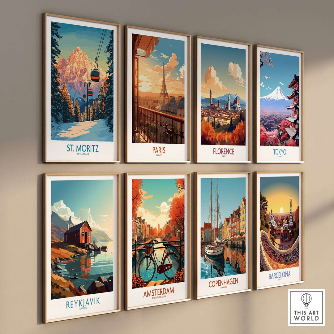 Collection of travel prints including St. Moritz, Paris, Florence, and Tokyo, framed on a wall to inspire adventure.