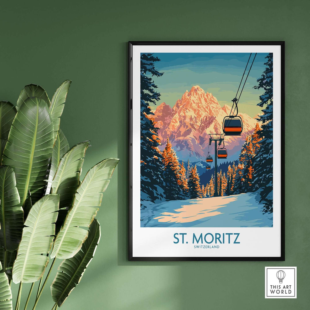 St. Moritz ski print featuring Swiss Alps and chairlifts, framed wall art for an adventurous home decor.