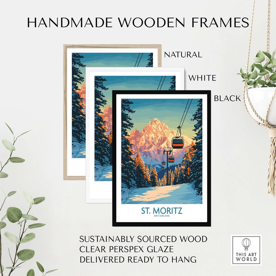 Handmade wooden frames in natural, white, and black for St. Moritz Ski Print, featuring sustainable materials and ready to hang.