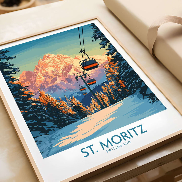 St. Moritz ski print showcasing the Swiss Alps with gondolas, perfect for adding adventure-inspired wall art to any space.