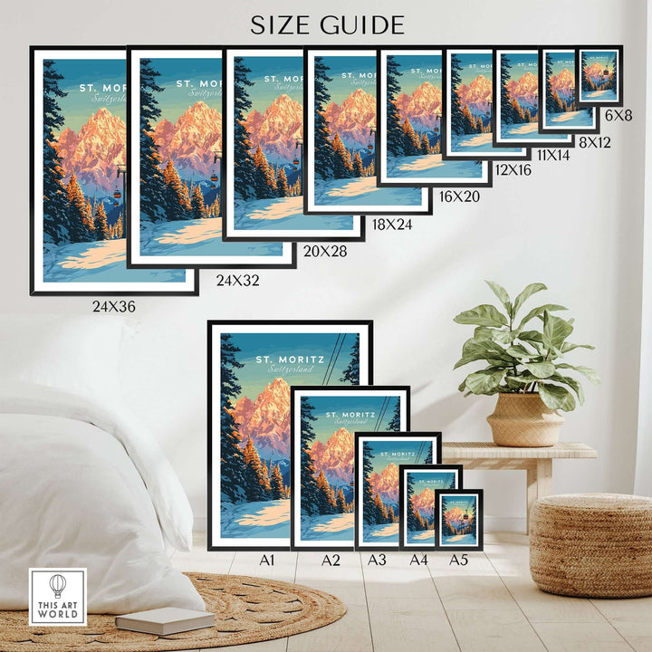 St. Moritz travel poster size guide showcasing various frame dimensions in a stylish interior setting.