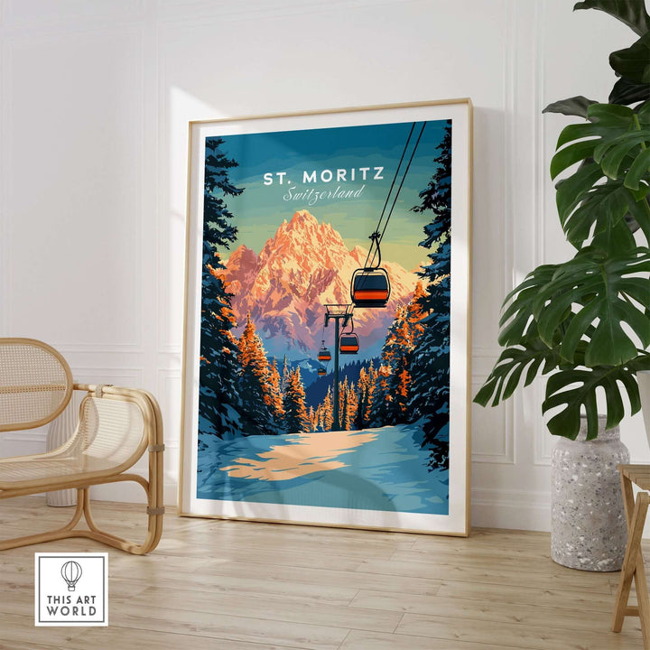 St. Moritz travel poster showcasing Swiss mountains and ski lifts, perfect for nature lovers and travelers.