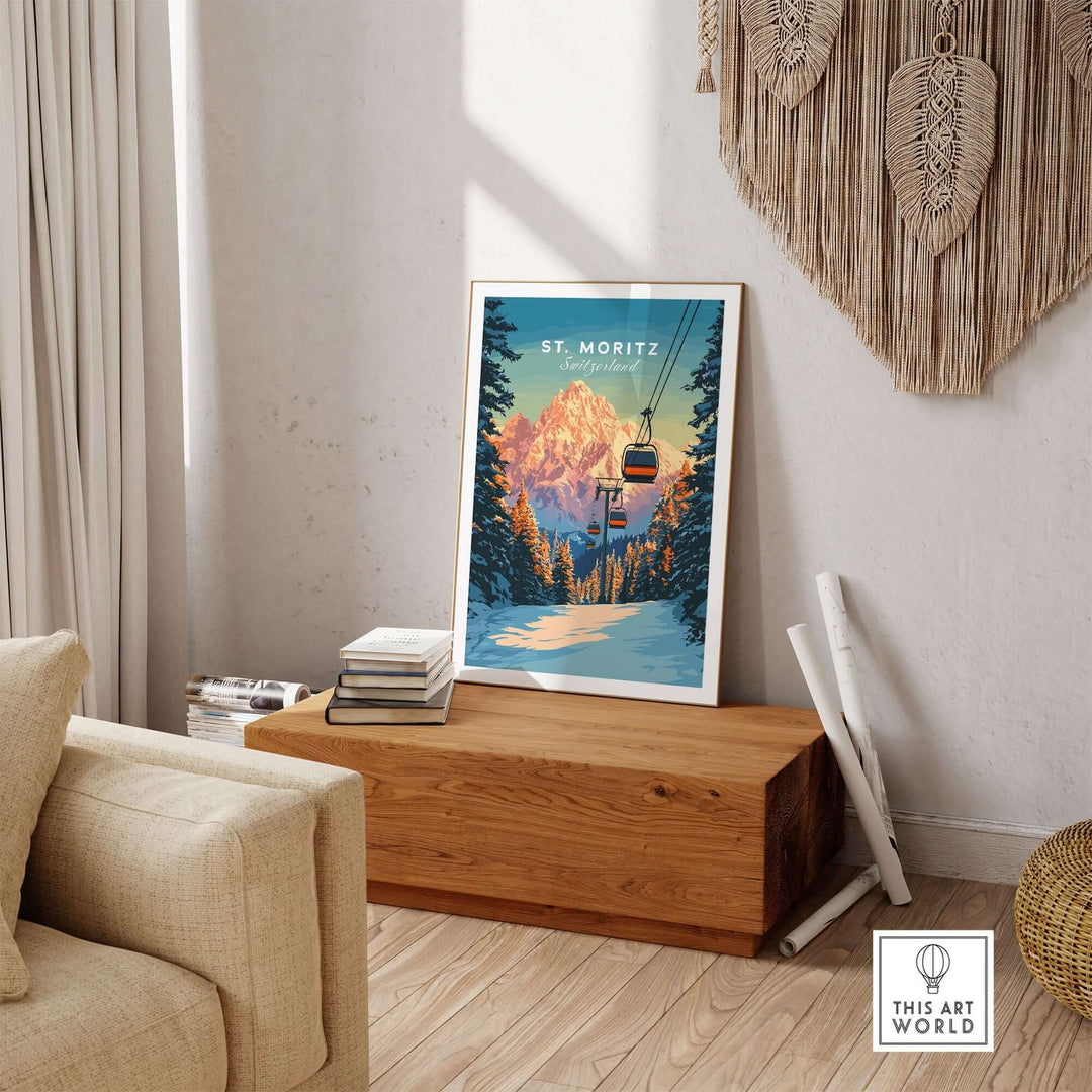 St. Moritz travel poster showcasing Swiss mountains and ski lift in a cozy living room setting. Perfect for nature lovers.