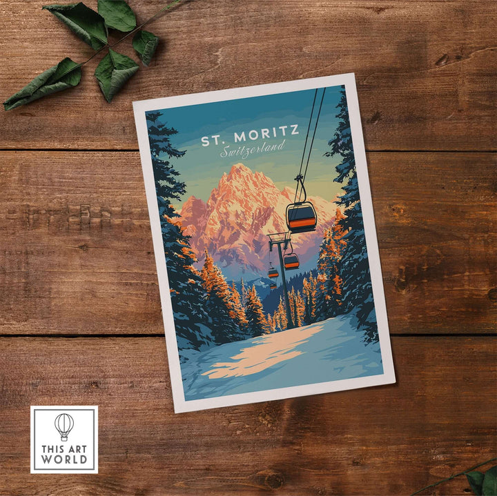 St. Moritz travel poster showcasing ski lift in Swiss mountains with vibrant colors and stunning landscapes.