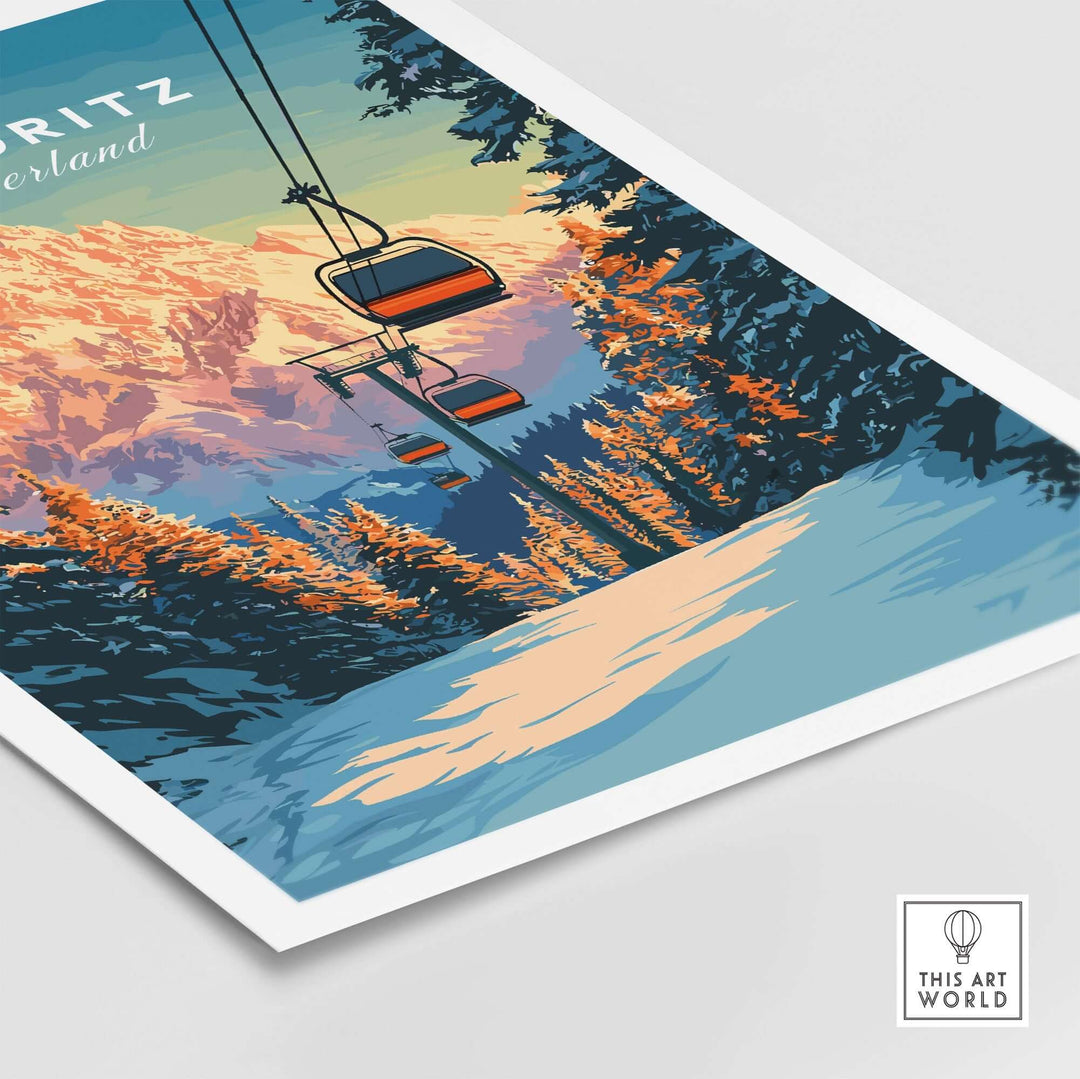 St. Moritz travel poster showcasing ski lift and stunning Swiss mountain landscapes in vibrant colors. Perfect for nature lovers.