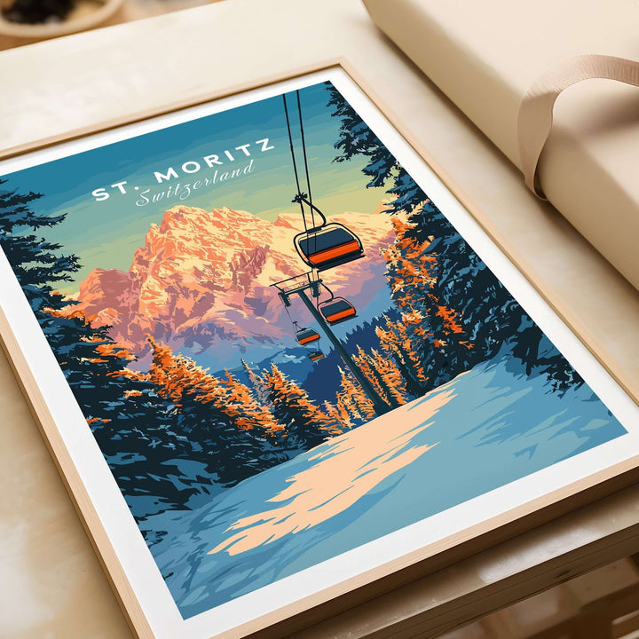 St. Moritz travel poster featuring ski lifts and Swiss mountains, perfect for nature lovers and travelers.