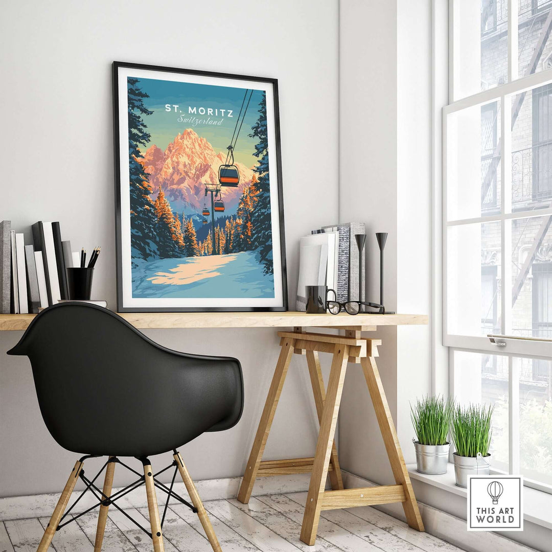 St. Moritz travel poster displayed in a stylish interior office setting, showcasing the beauty of Switzerland's landscapes.