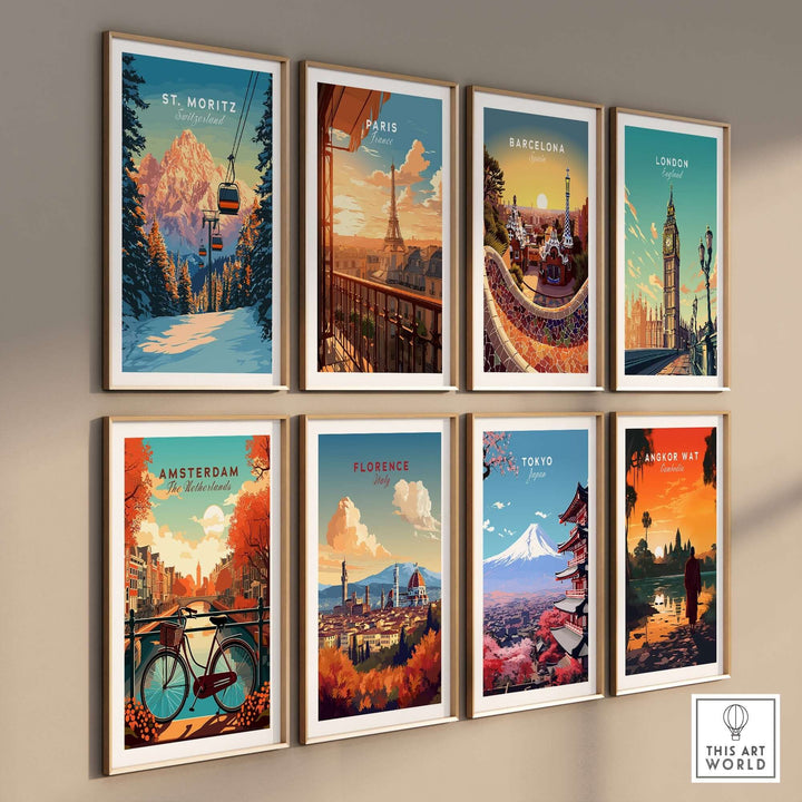 A collection of vibrant travel posters featuring St. Moritz, Paris, Barcelona, London, Amsterdam, Florence, Tokyo, and Angkor Wat.