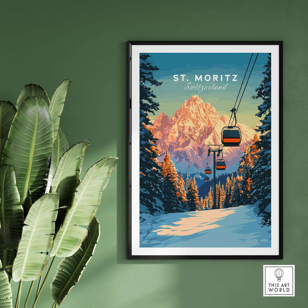 St. Moritz travel poster featuring snowy mountains and ski lift, capturing the beauty of Switzerland's landscapes.