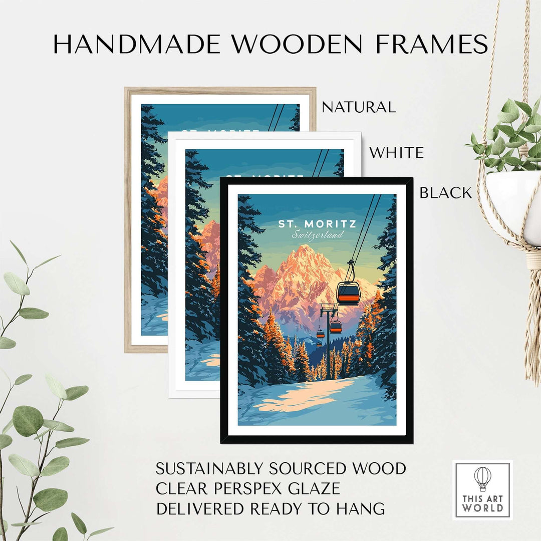 Three handmade wooden frames in natural, white, and black showcasing the St. Moritz travel poster with clear glaze.