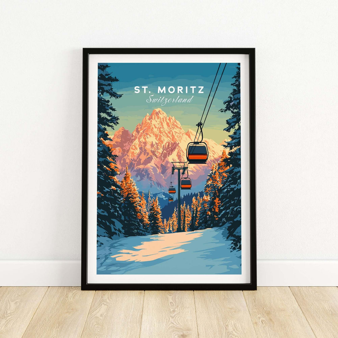 St. Moritz travel poster showcasing a scenic cable car and snow-capped mountains in Switzerland's stunning landscape.