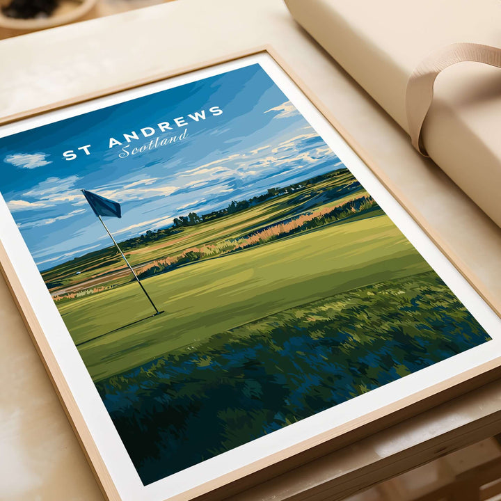 St Andrews Poster Scotland featuring a golf flag on a green field, capturing the beauty of golf's birthplace.