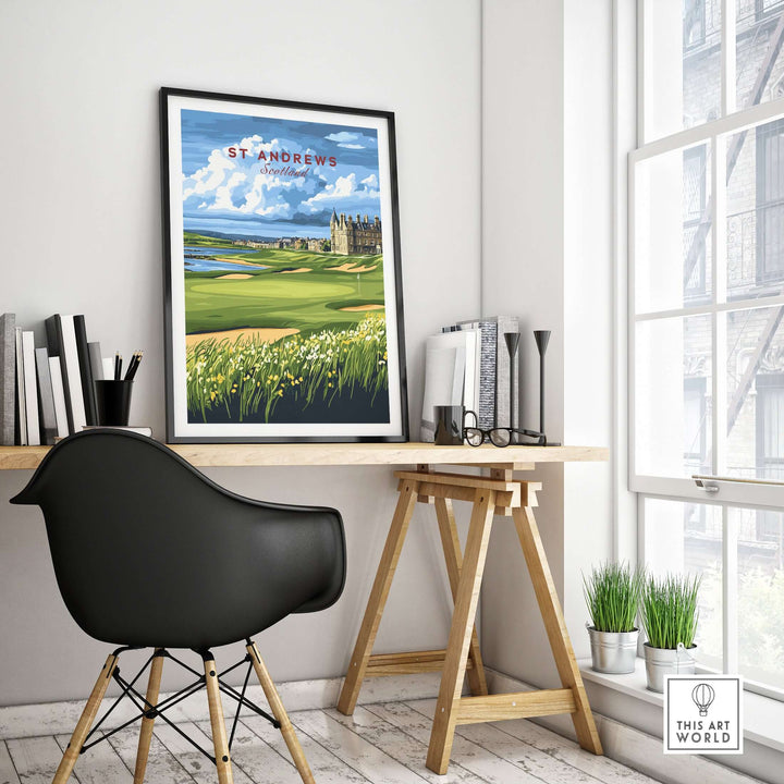 St Andrews Scotland poster featuring the Old Course, displayed in a modern workspace with stylish decor.