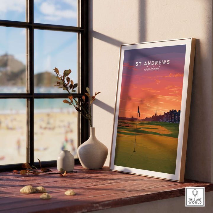 St Andrews Wall Art poster featuring sunset over historic golf course in Scotland, decorated by vibrant colors.