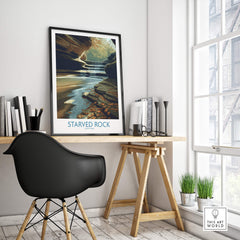Starved Rock Poster | Illinois Autumn Canyon & Cascades Canvas Print displayed in a modern workspace.