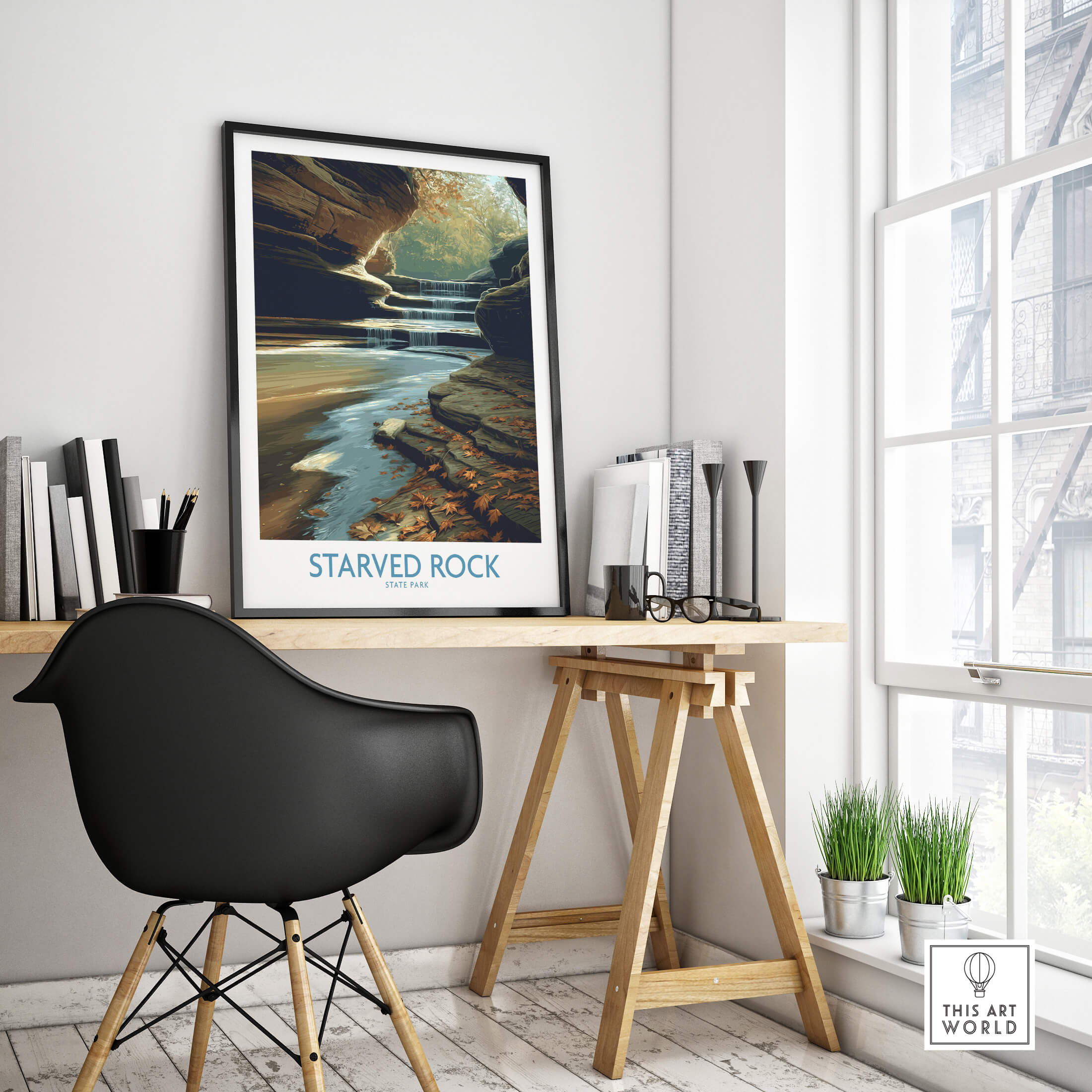 Starved Rock Poster | Illinois Autumn Canyon & Cascades Canvas Print displayed in a modern workspace.