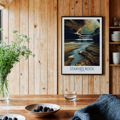 Starved Rock Poster | Illinois Autumn Canyon & Cascades Canvas Print displayed on wooden wall with decor