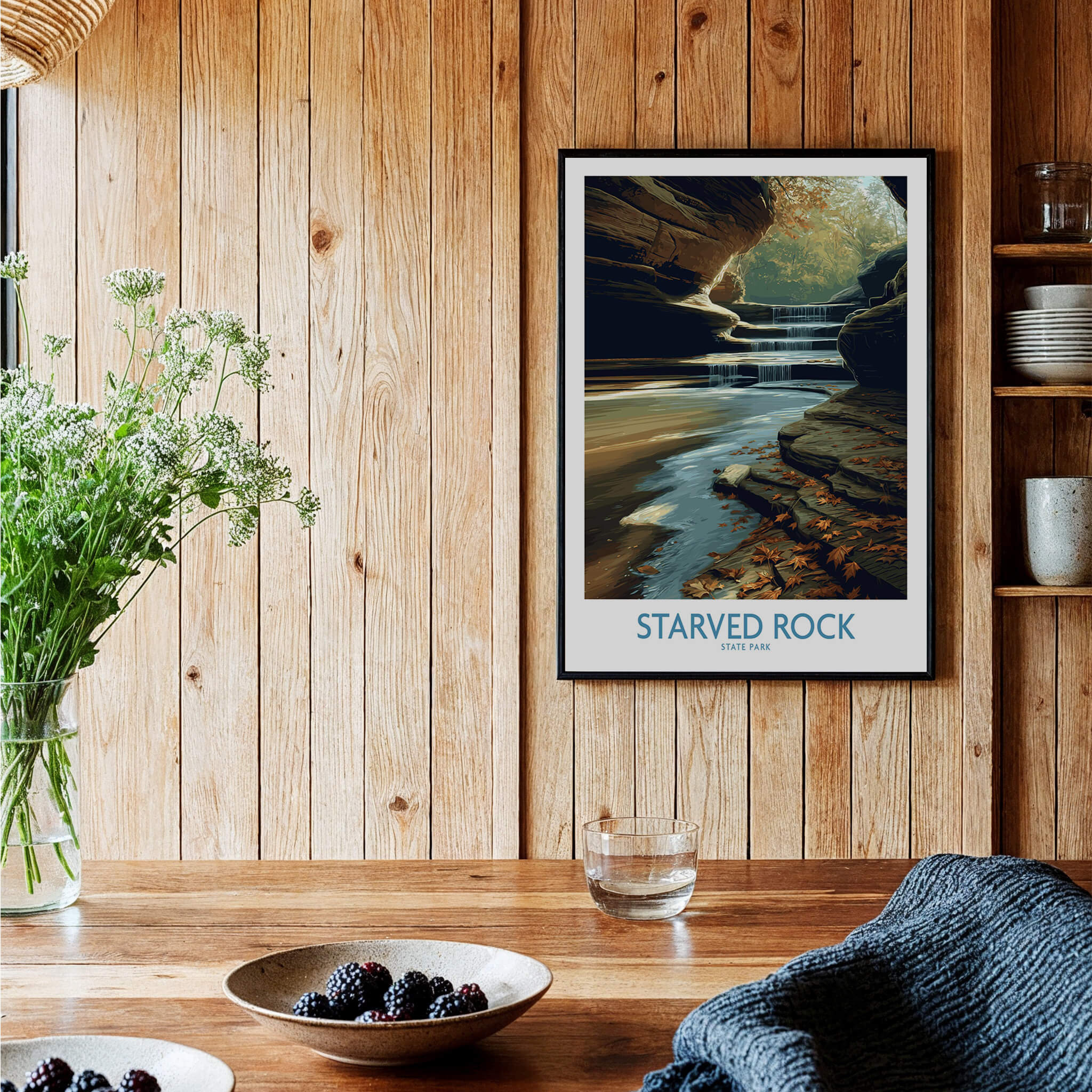 Starved Rock Poster | Illinois Autumn Canyon & Cascades Canvas Print displayed on wooden wall with decor