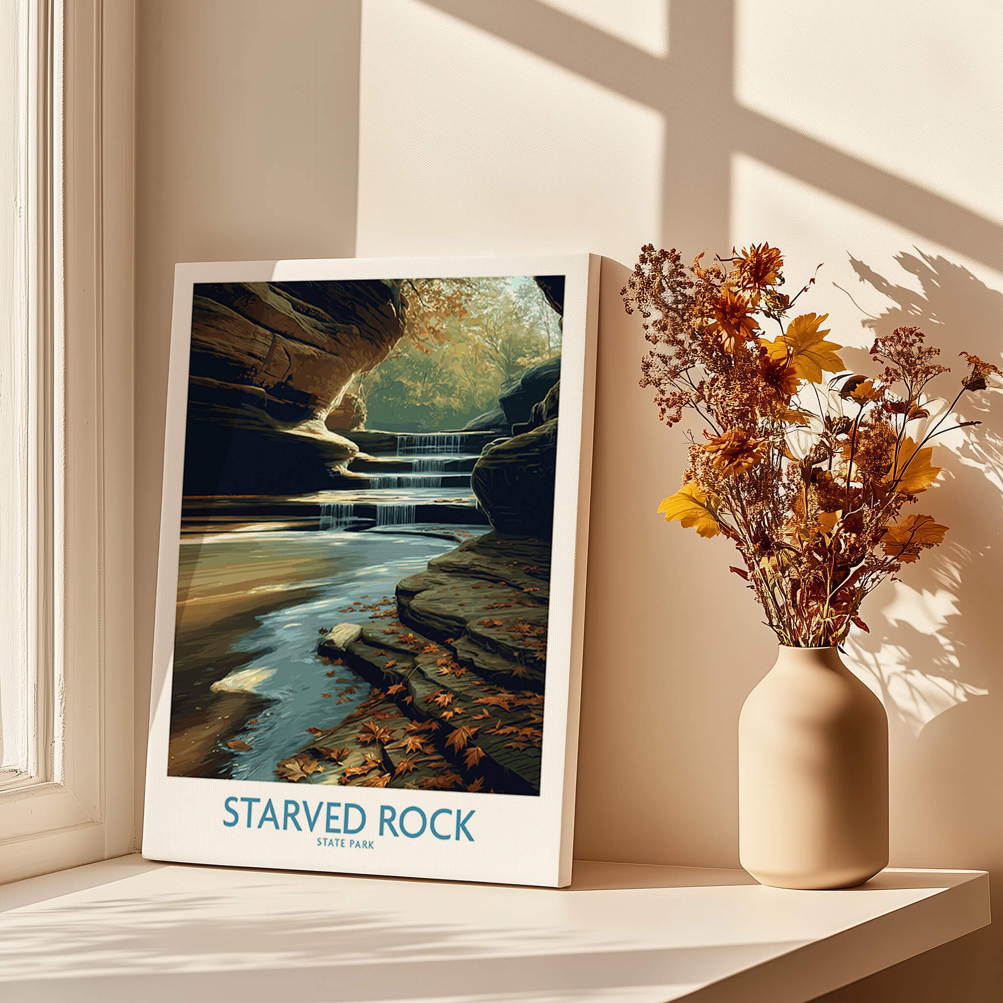 Starved Rock Poster | Illinois Autumn Canyon & Cascades Canvas Print showcasing serene waterfall and autumn leaves.