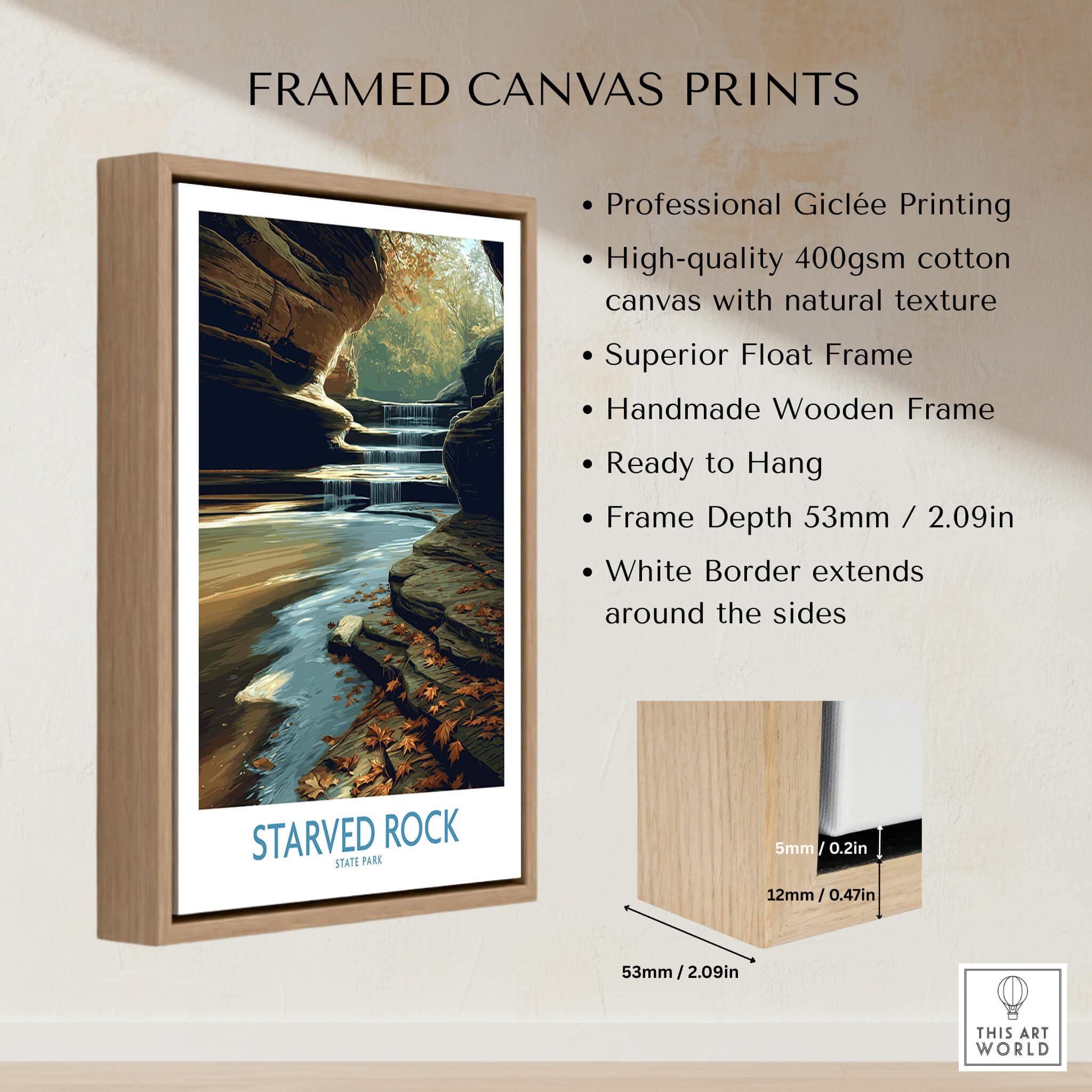 Starved Rock Poster | Illinois Autumn Canyon & Cascades Canvas Print displayed in a stylish wooden frame.