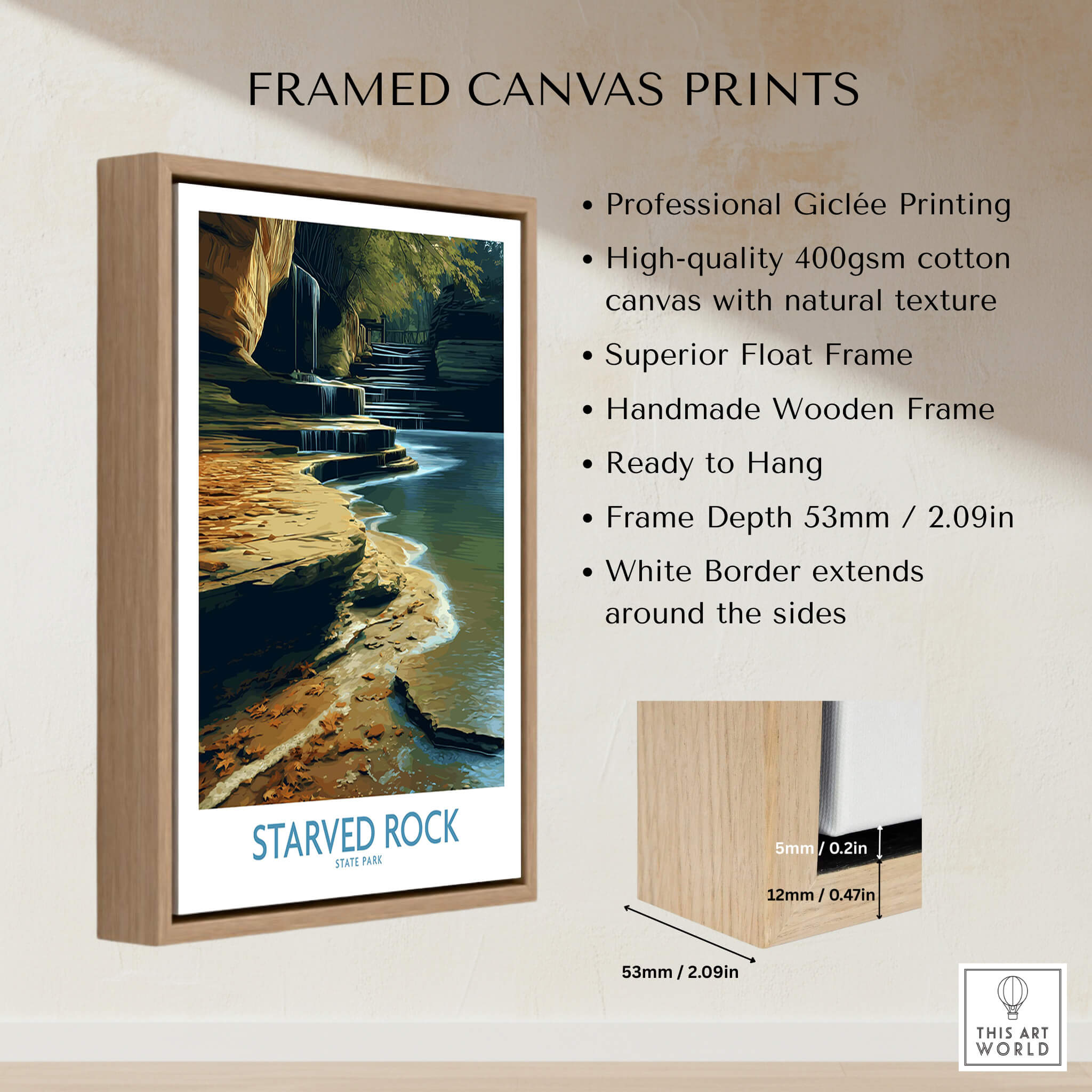 Starved Rock Canvas Print | Illinois Nature Trail & Tiered Waterfall Poster showcasing framed print features and design.