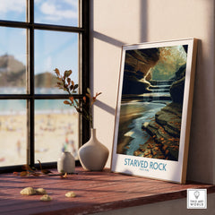 Starved Rock Poster | Illinois Autumn Canyon & Cascades Canvas Print displayed on a table beside window.