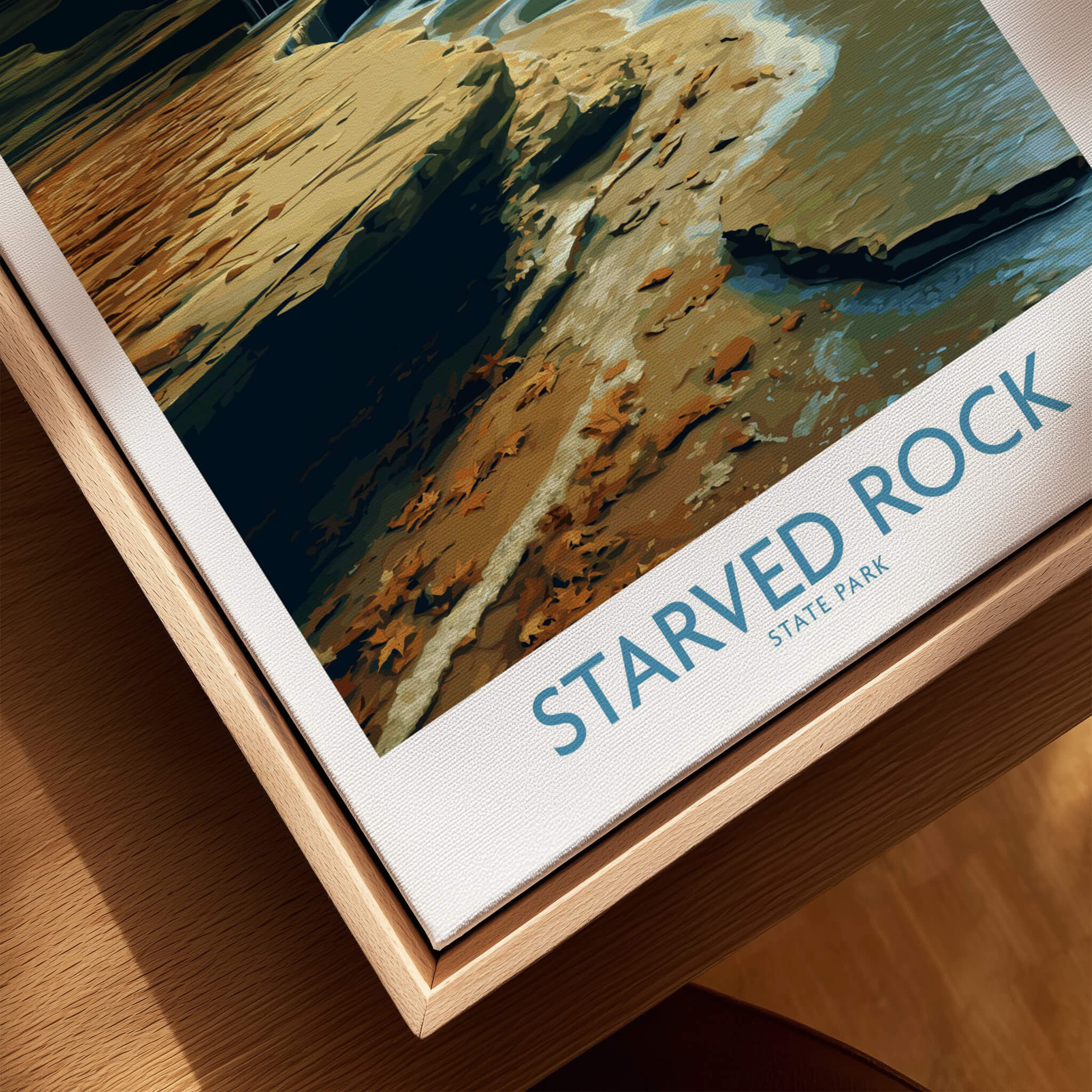 Starved Rock Canvas Print | Illinois Nature Trail & Tiered Waterfall Poster displayed on wooden surface.
