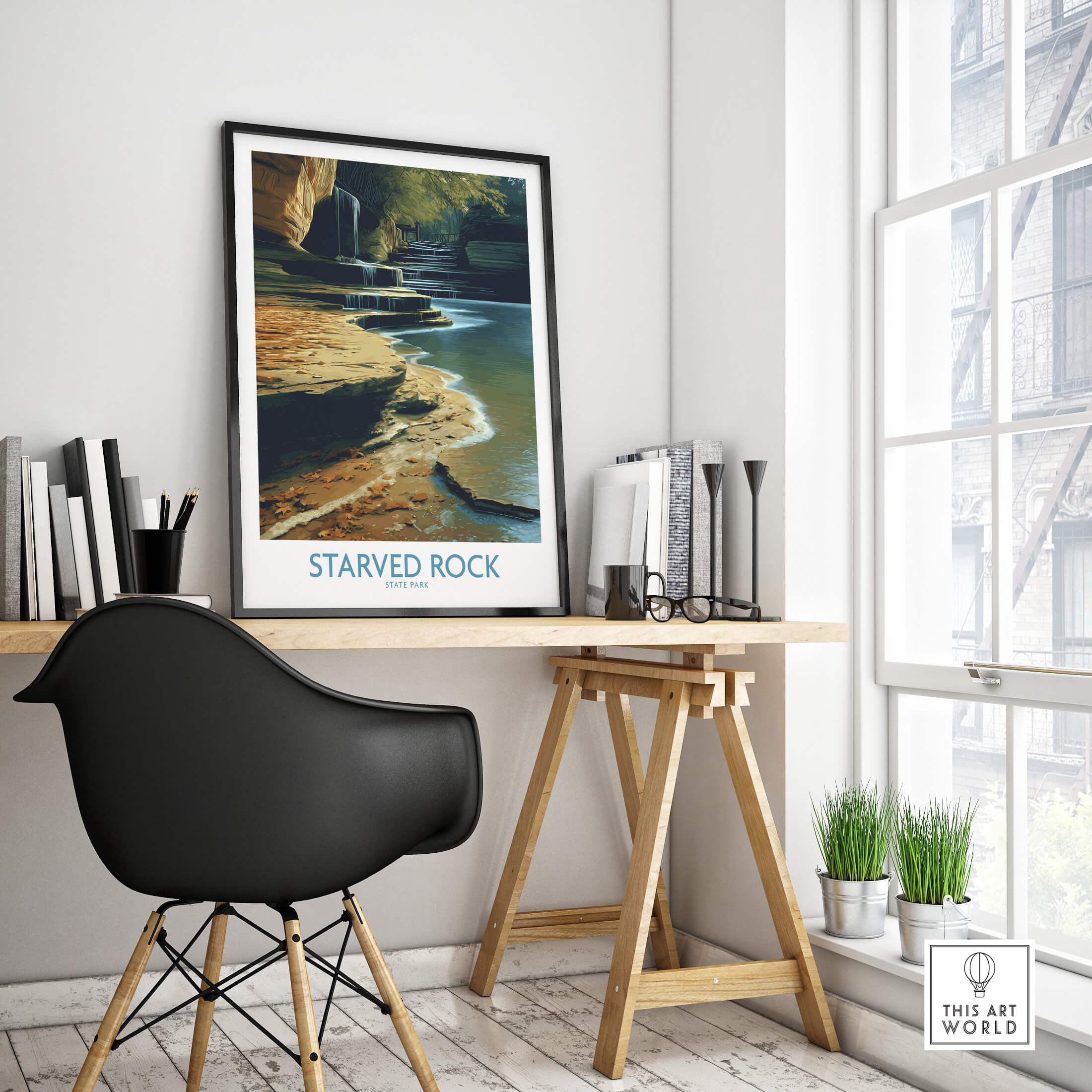 Starved Rock Canvas Print | Illinois Nature Trail & Tiered Waterfall Poster displayed in a modern workspace.