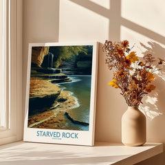 Starved Rock Canvas Print | Illinois Nature Trail & Tiered Waterfall Poster in a sunlit room with flowers.