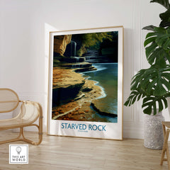 Starved Rock Canvas Print | Illinois Nature Trail & Tiered Waterfall Poster showcased in a serene living room setting.
