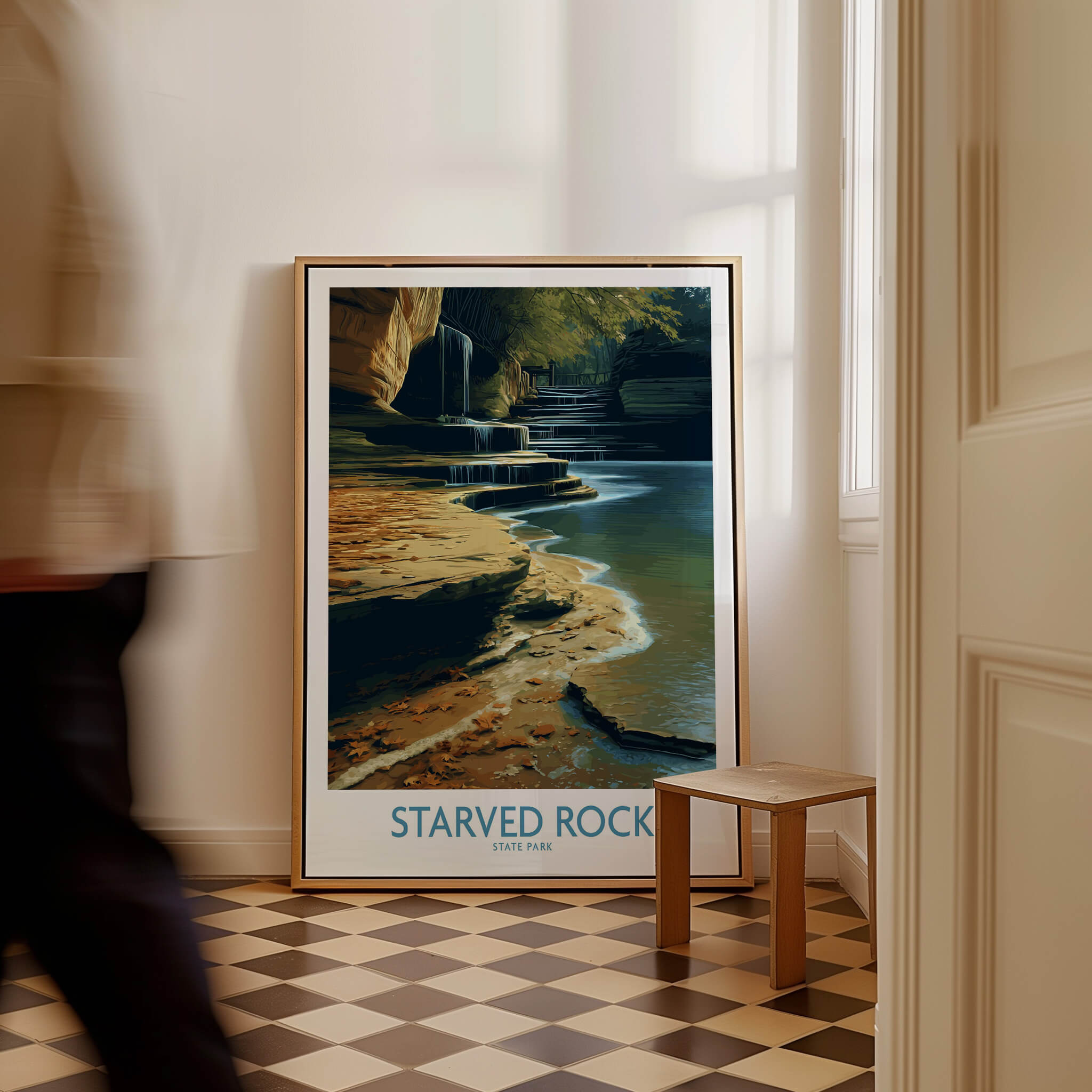 Starved Rock Canvas Print | Illinois Nature Trail & Tiered Waterfall Poster framed in a modern home setting.