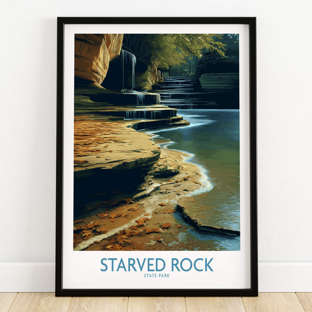 Starved Rock Canvas Print | Illinois Nature Trail & Tiered Waterfall Poster showcasing a serene waterfall and nature scene.