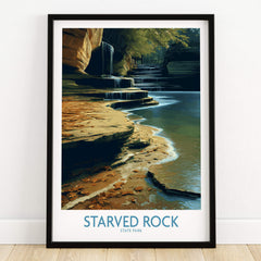 Starved Rock Canvas Print | Illinois Nature Trail & Tiered Waterfall Poster showcasing a serene waterfall and nature scene.
