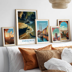 Starved Rock Canvas Print | Illinois Nature Trail & Tiered Waterfall Poster displayed in a stylish living room setting.