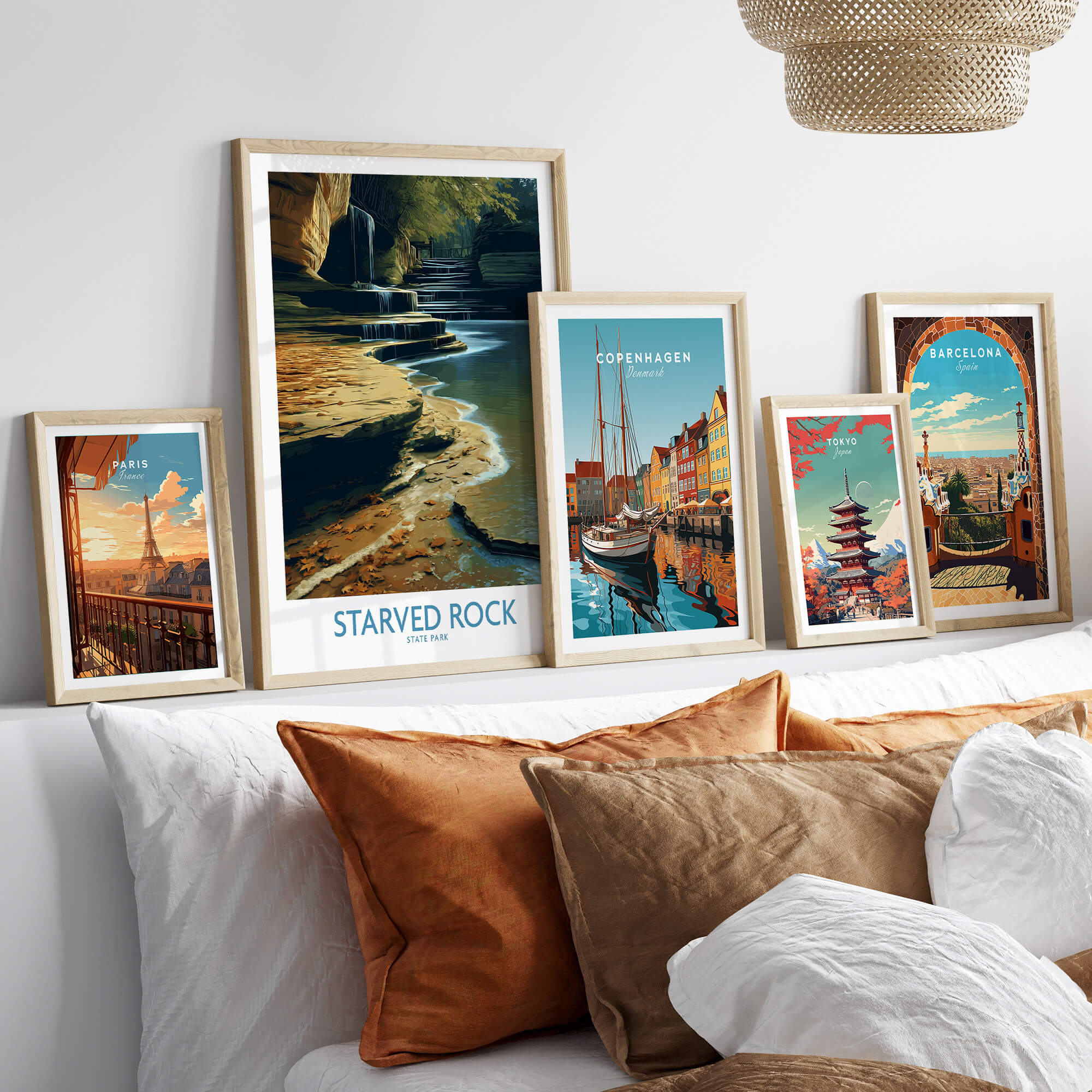Starved Rock Canvas Print | Illinois Nature Trail & Tiered Waterfall Poster displayed in a stylish living room setting.