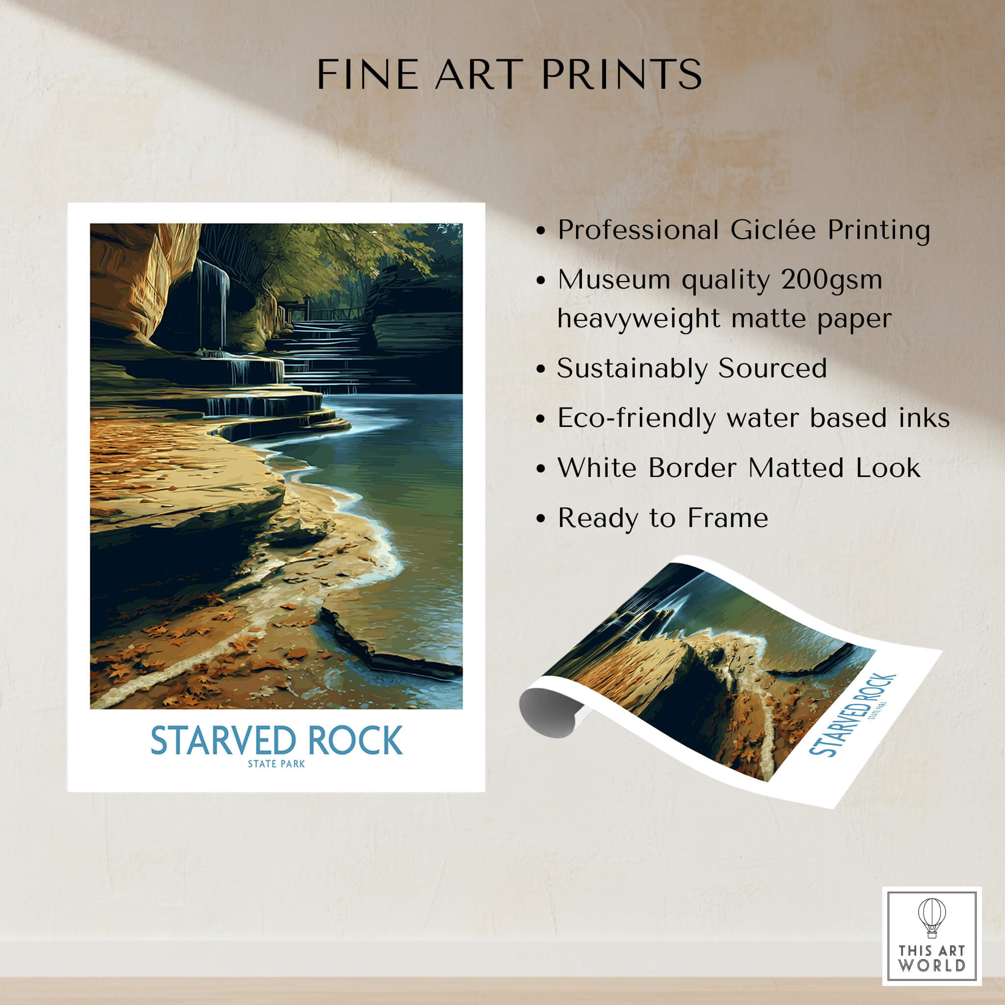 Starved Rock Canvas Print | Illinois Nature Trail & Tiered Waterfall Poster showcasing a serene waterfall in Starved Rock State Park.