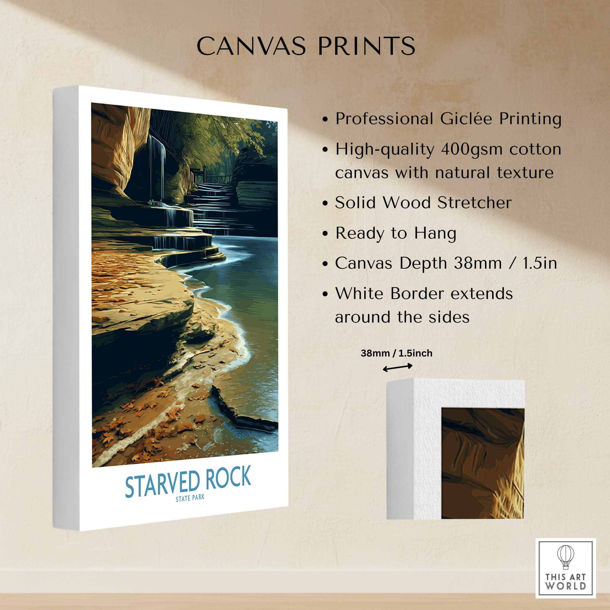 Starved Rock Canvas Print | Illinois Nature Trail & Tiered Waterfall Poster showcasing professional Giclée printing and natural texture.