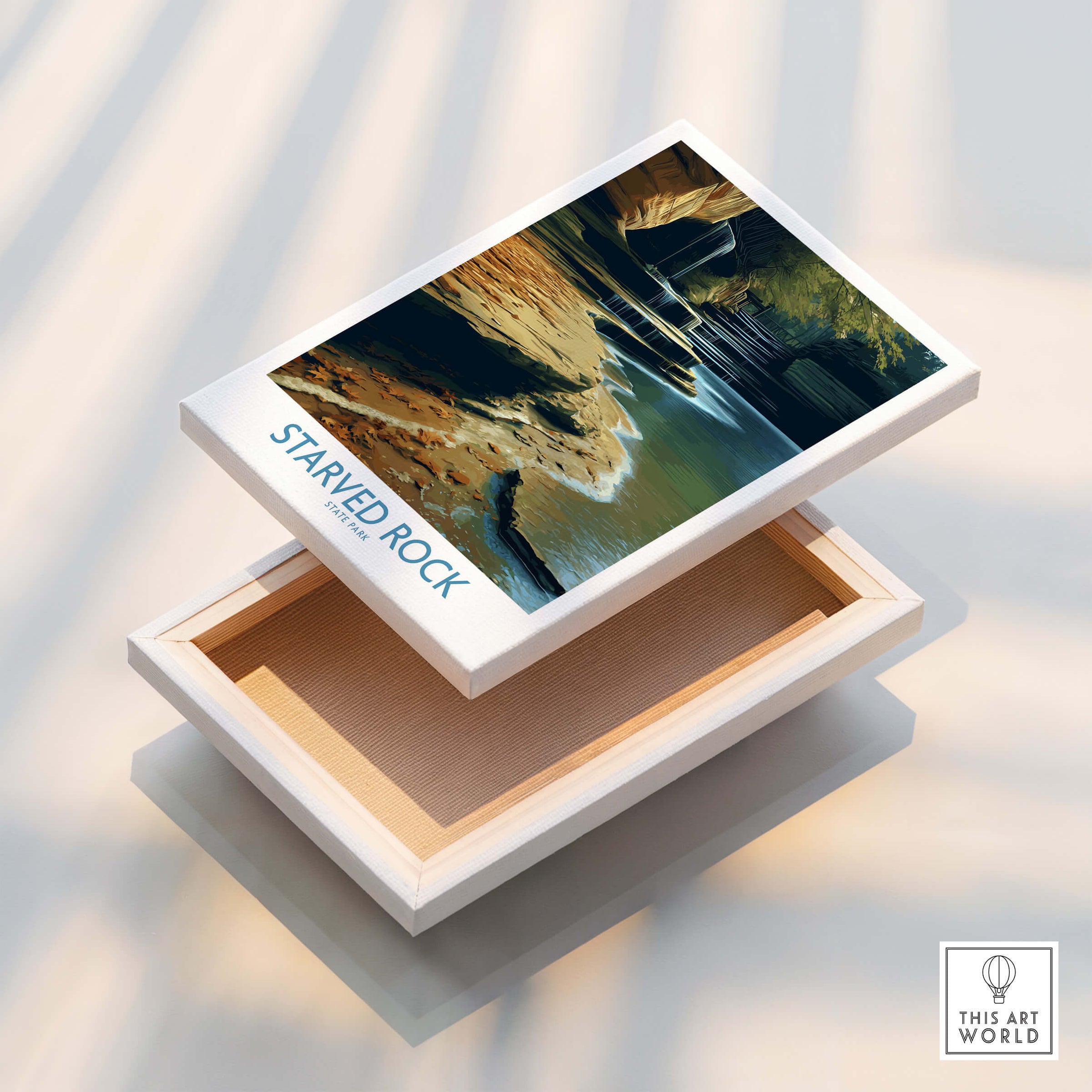 Starved Rock Canvas Print | Illinois Nature Trail & Tiered Waterfall Poster displayed on a wooden box.