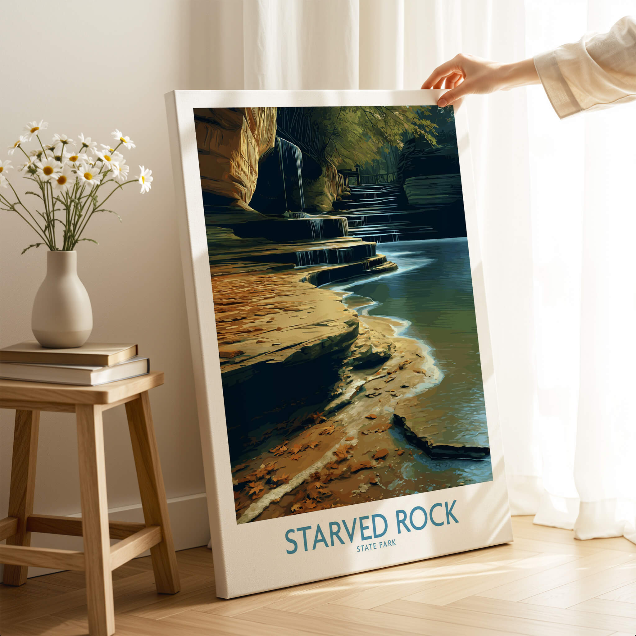 Starved Rock Canvas Print | Illinois Nature Trail & Tiered Waterfall Poster displayed in a serene indoor setting.