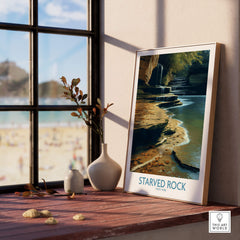 Starved Rock Canvas Print | Illinois Nature Trail & Tiered Waterfall Poster displayed on a wooden table by a sunny window.