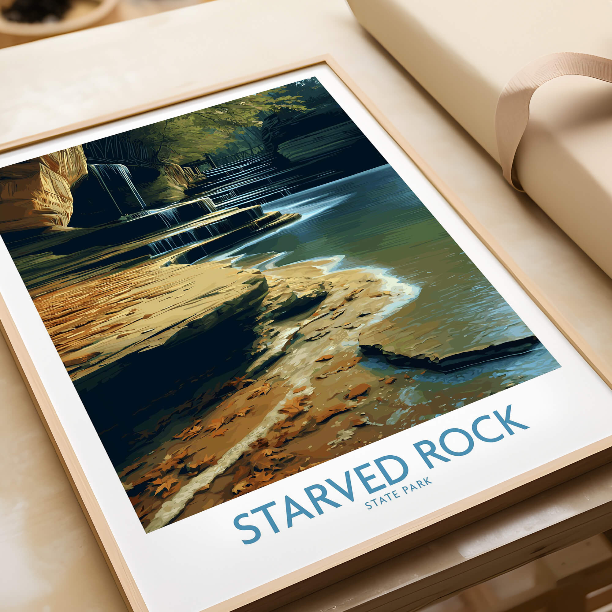 Starved Rock Canvas Print | Illinois Nature Trail & Tiered Waterfall Poster featuring serene waters and a lush forest.