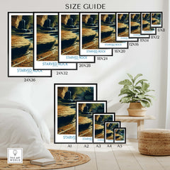 Starved Rock Canvas Print | Illinois Nature Trail & Tiered Waterfall Poster size guide showcasing various print sizes.