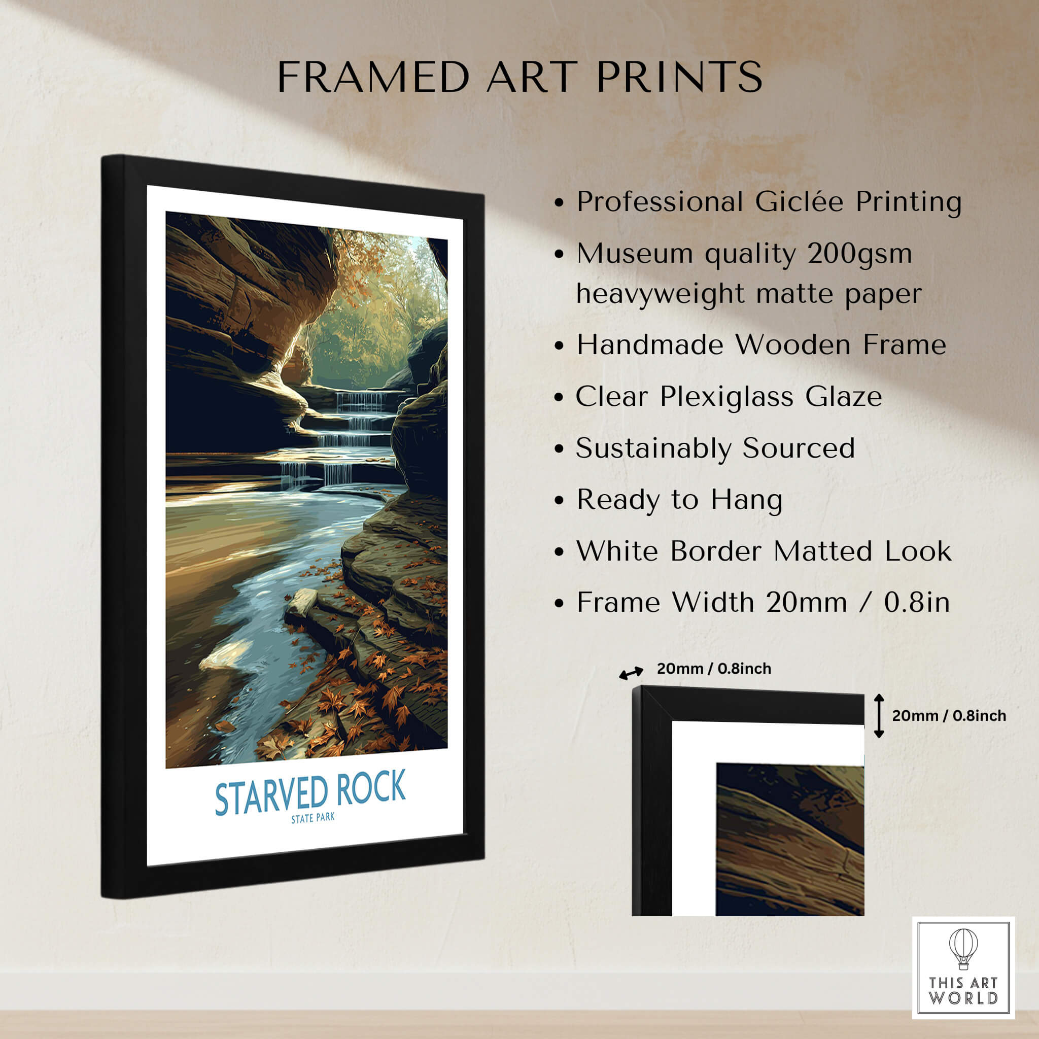 Starved Rock Poster | Illinois Autumn Canyon & Cascades Canvas Print showcasing a framed art print with giclée quality.