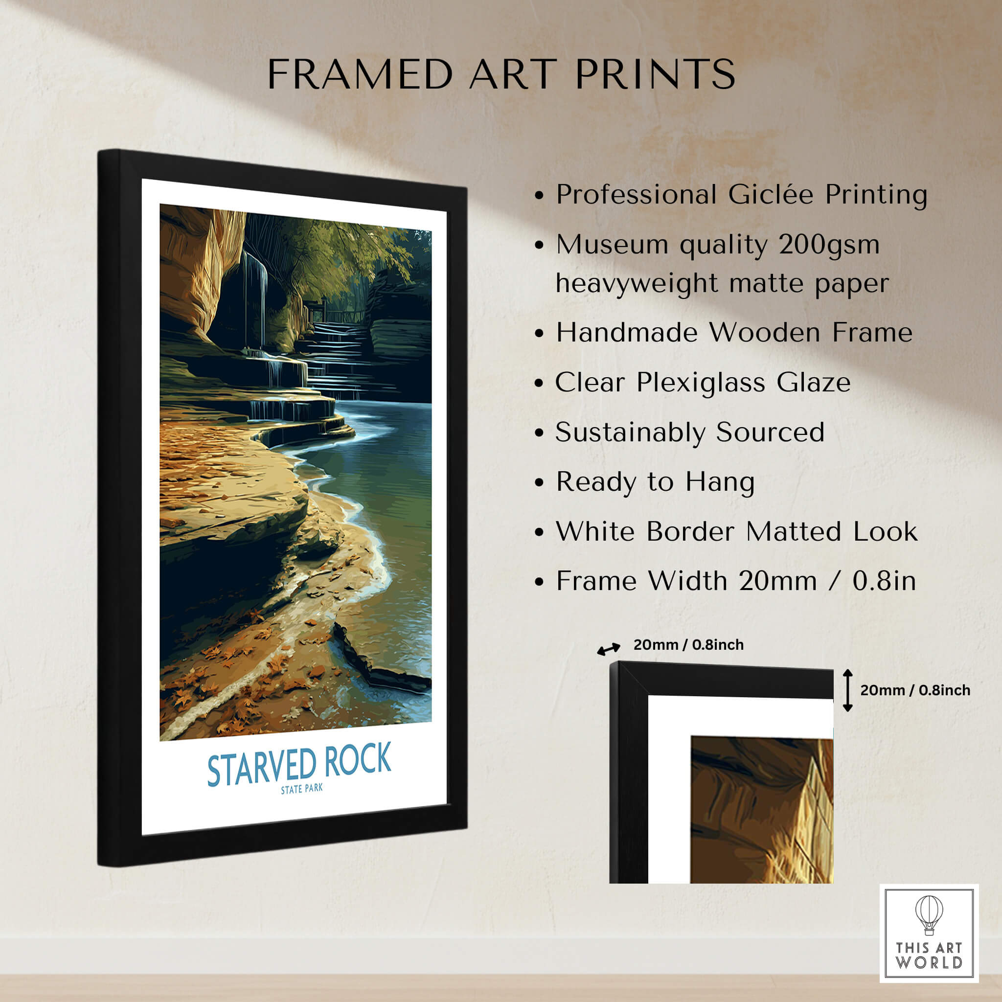 Starved Rock Canvas Print | Illinois Nature Trail & Tiered Waterfall Poster framed with museum quality printing.