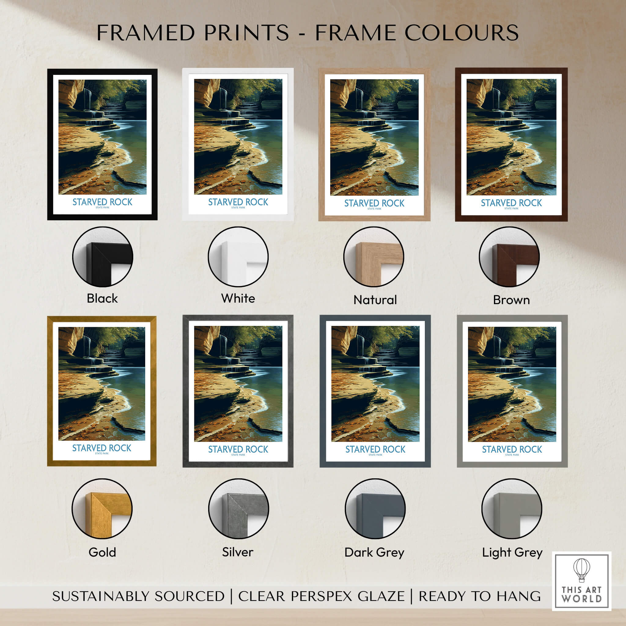 Starved Rock Canvas Print | Illinois Nature Trail & Tiered Waterfall Poster framed print options in various colors