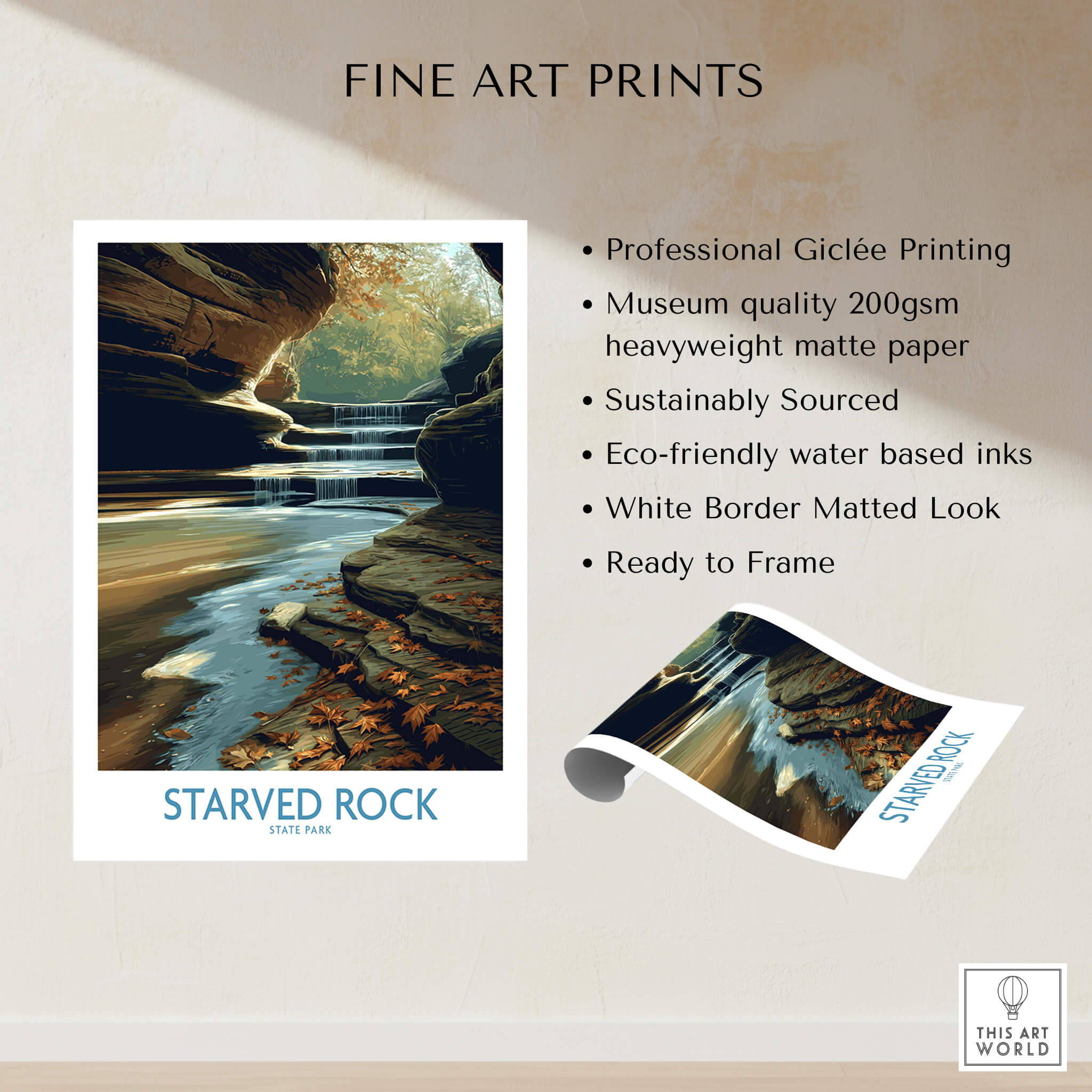 Starved Rock Poster | Illinois Autumn Canyon & Cascades Canvas Print showcasing a serene river scene in Starved Rock State Park.