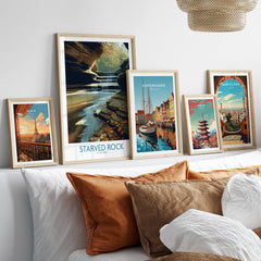 Starved Rock Poster | Illinois Autumn Canyon & Cascades Canvas Print displayed among other travel posters.
